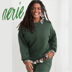 Aerie Everyday Cozy Green Sweatshirt and Sweatpants with Cable Knit Sleeves